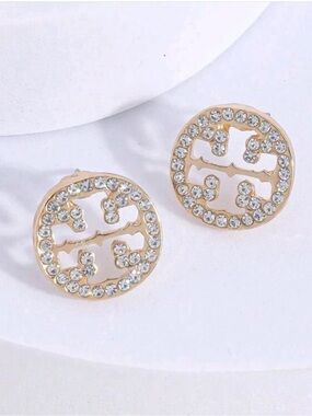 Tory Burch Miller Gold Pave Logo Round Stud Earrings